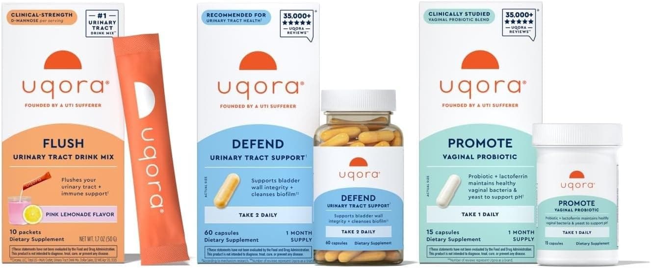 Urinary health supplements arranged on a clean white countertop with natural light