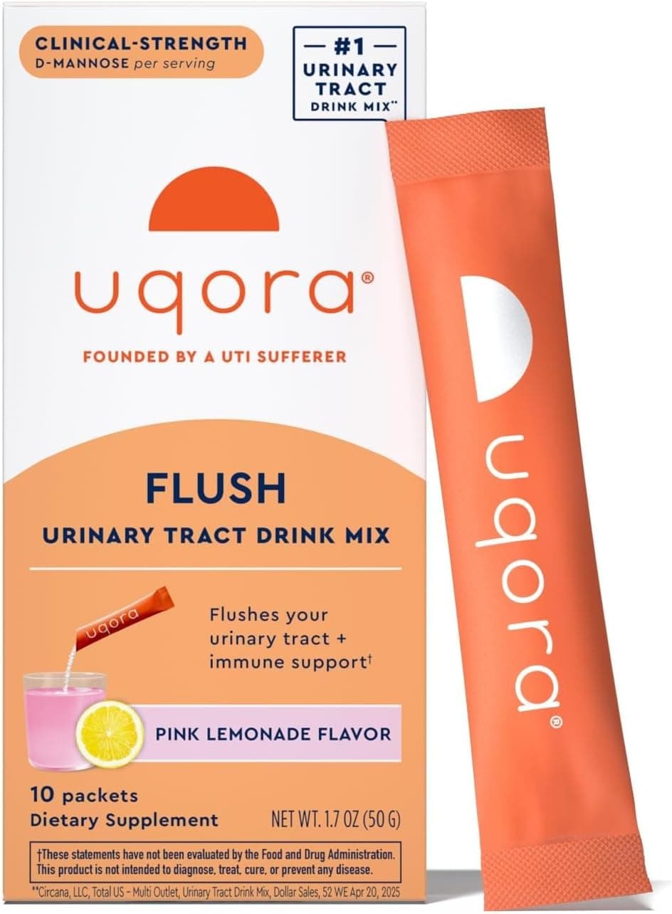 Uqora Flush pink lemonade drink mix for urinary tract flushing