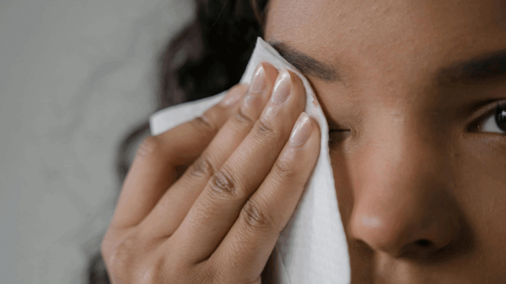 Woman gently wiping under her eye with a tissue