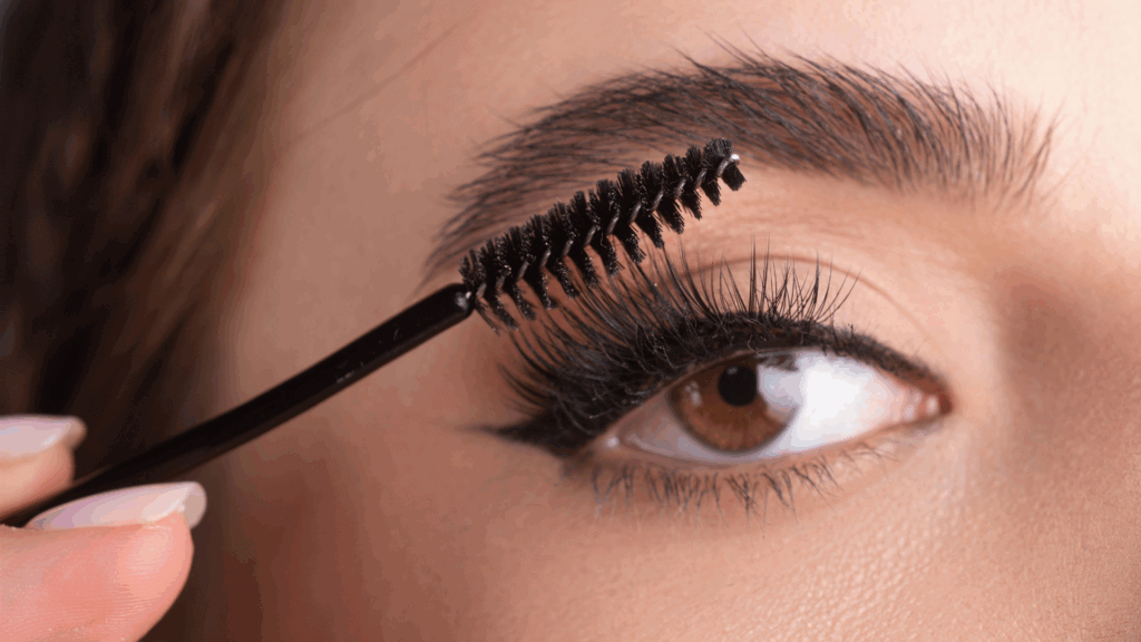 Close-up of eyebrows being brushed with an eyebrow brush