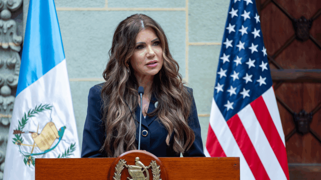 South Dakota Governor Kristi Noem speaking during a public visit to Guatemala City