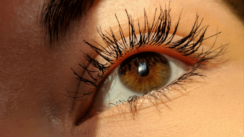 Close-up of a woman’s left eye with mascara applied