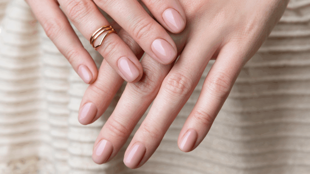 Woman’s well-groomed hands with nude beige and pink manicure