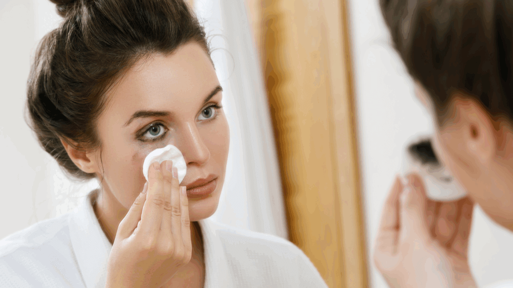Young woman removing mascara with a cotton pad