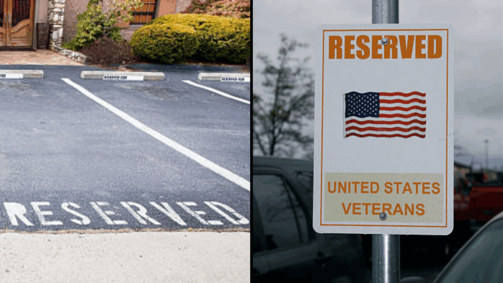 Split screen of a reserved parking space and a reserved for United States Veterans sign