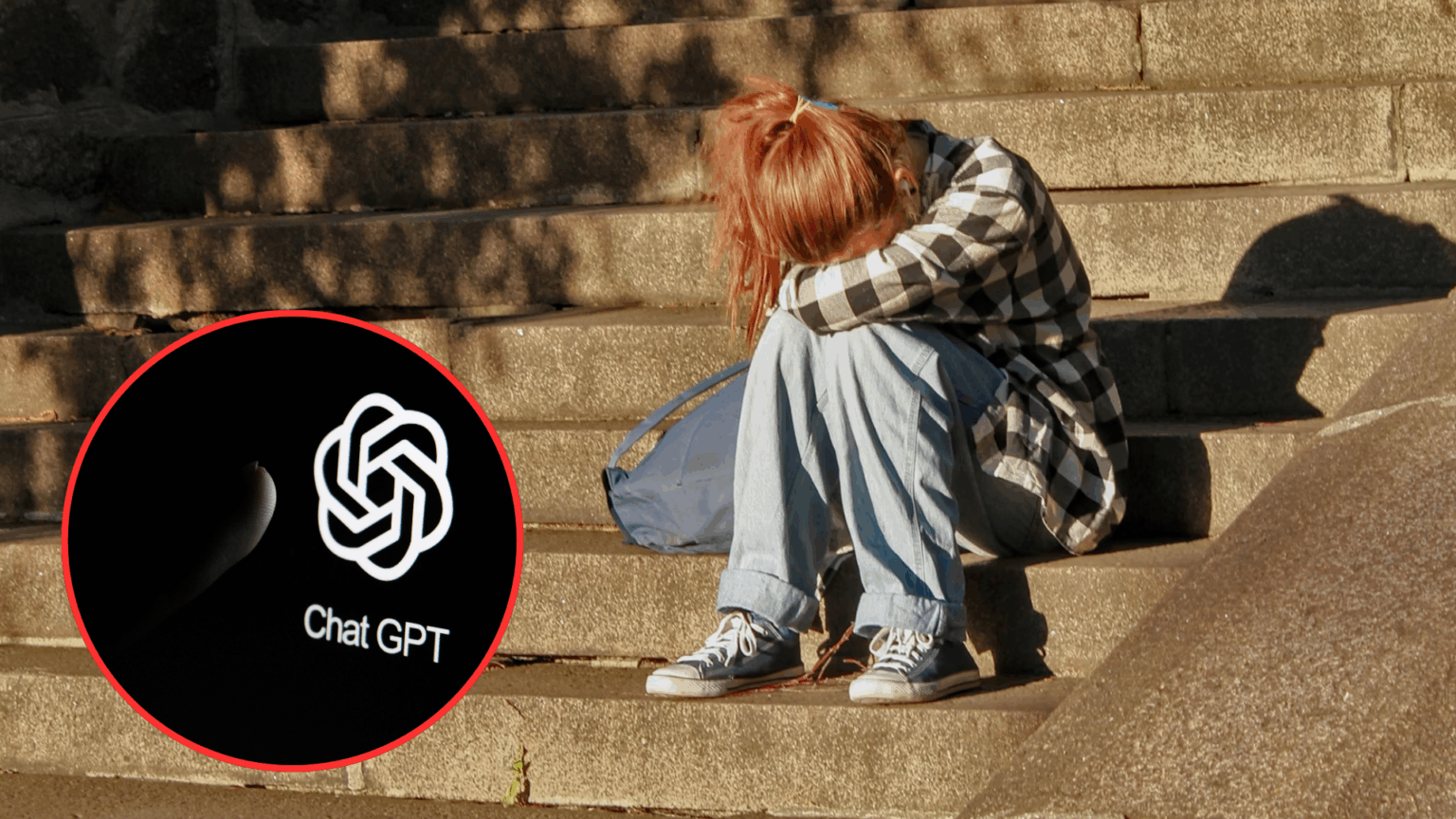 Person sitting on the stairs with a Chat GPT logo