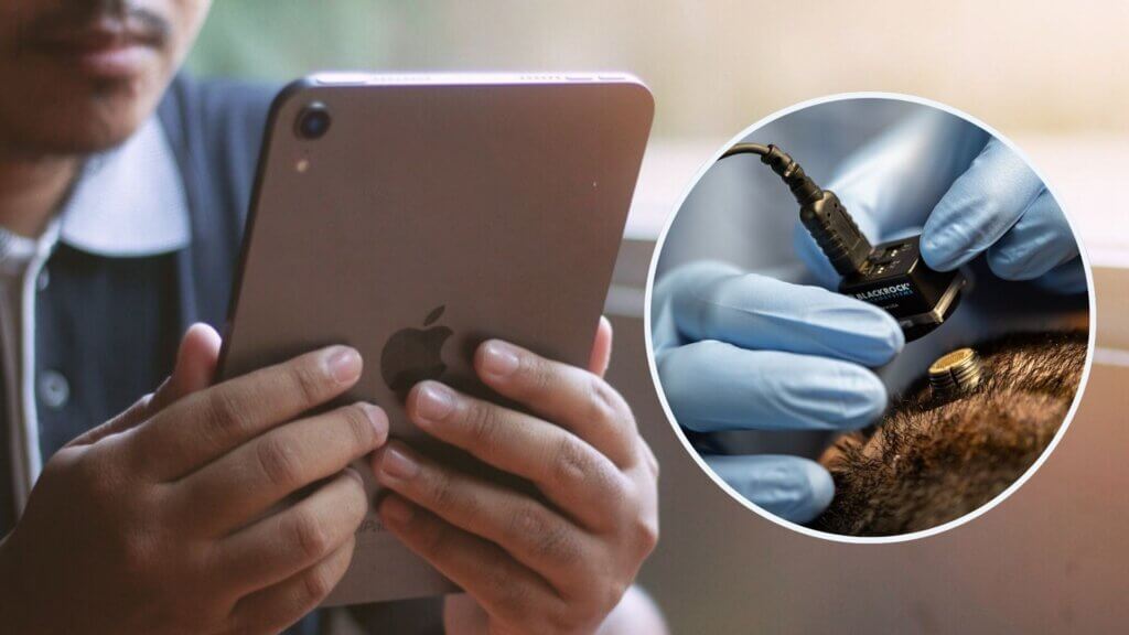 A man on an ipad and a view of the bluetooth brain impalnt