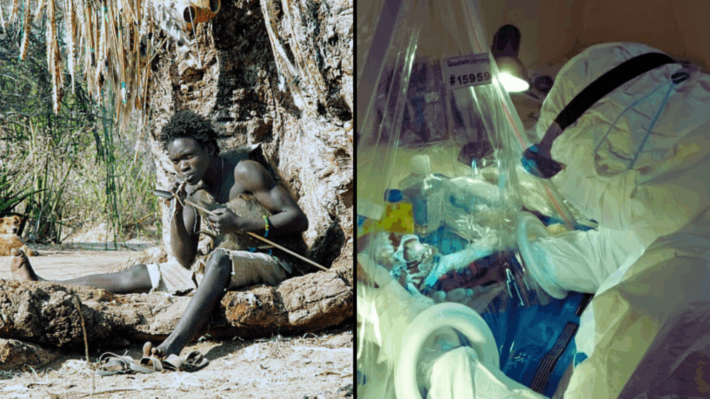 Two separate images side by side. A man sitting in the jungle and a doctor performing a procedure