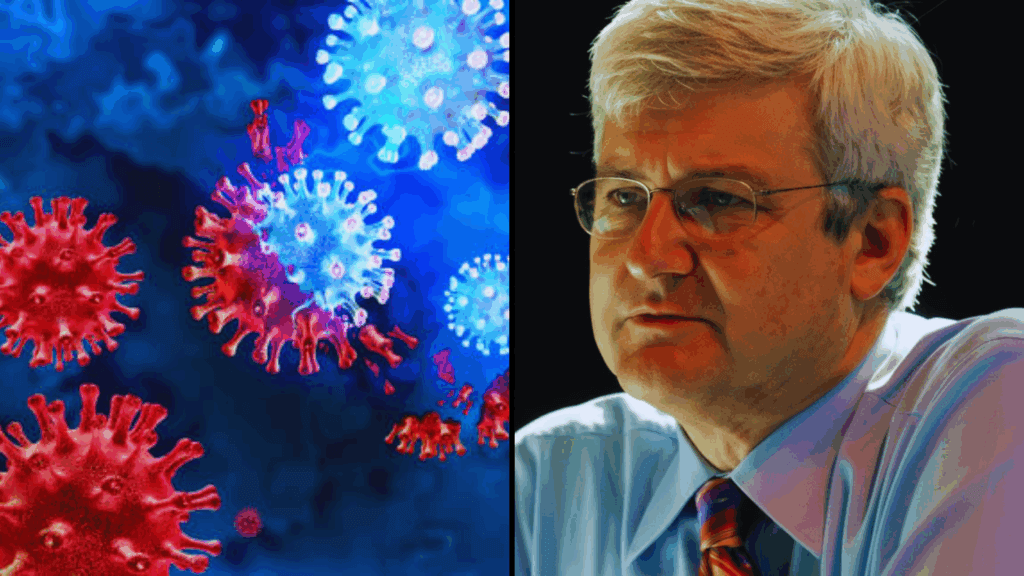 Split image with colorful 3D renderings of red and blue coronavirus particles on the left, and a serious-looking man in glasses and a dress shirt on the right.