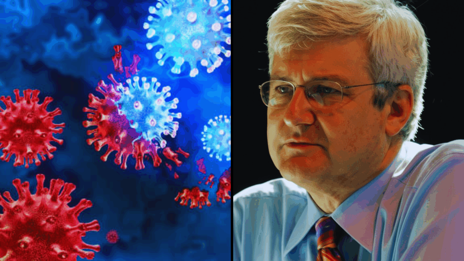 Split image with colorful 3D renderings of red and blue coronavirus particles on the left, and a serious-looking man in glasses and a dress shirt on the right.