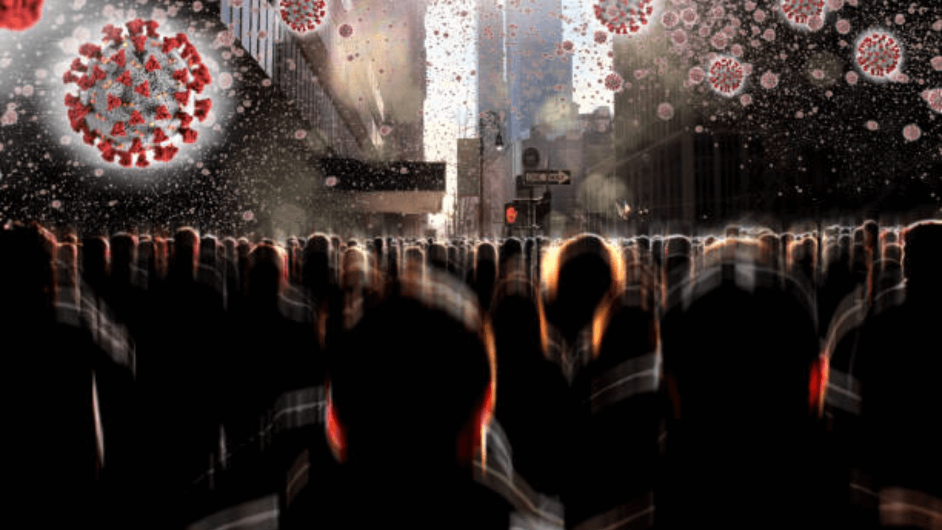 Illustration of a large crowd in a city street with oversized floating coronavirus particles in the air, symbolizing viral spread in urban areas.