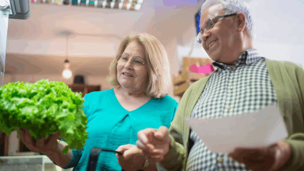 old people looking at vegetables