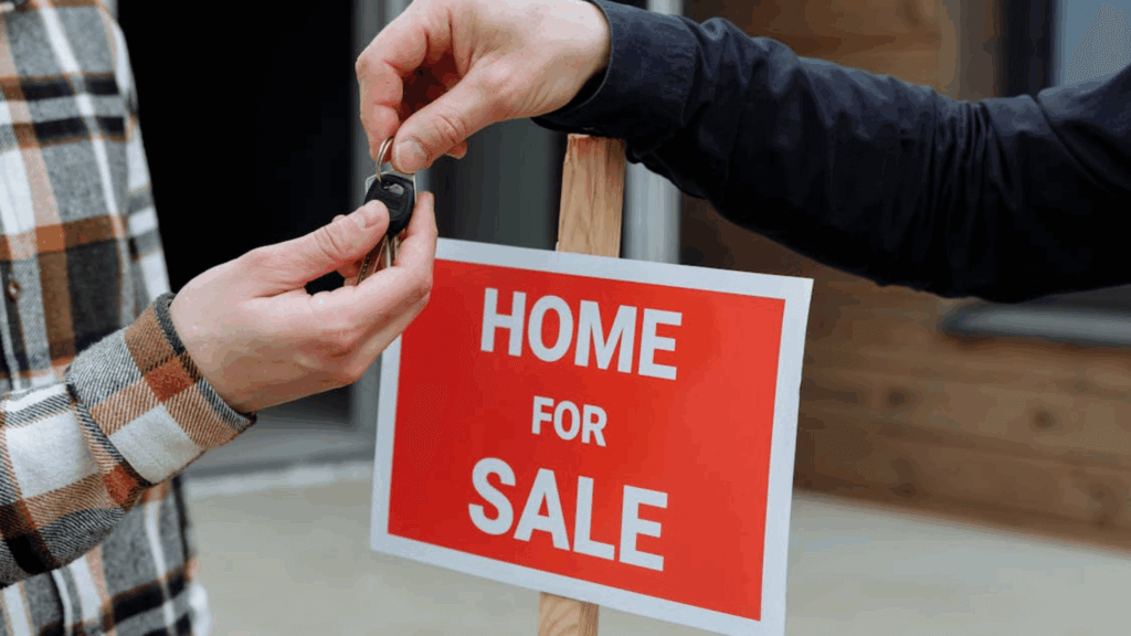 person giving house key to someone else after selling house