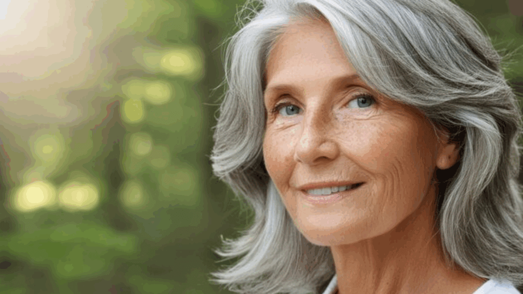 Older woman with gray hair smiling softly outdoors with a forest background.