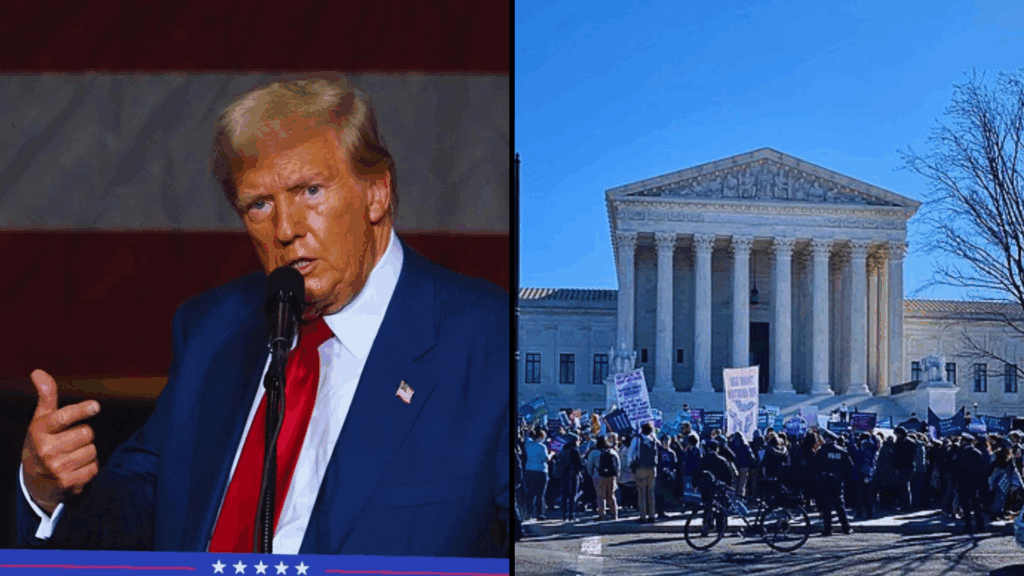 A politician speaking at a podium next to a photo of a protest outside the U.S. Supreme Court.