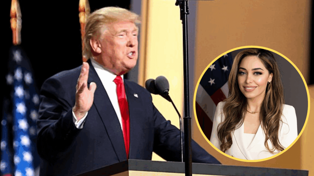 Donald Trump in a suit speaking at a podium with a circular inset showing a woman smiling in front of an American flag.