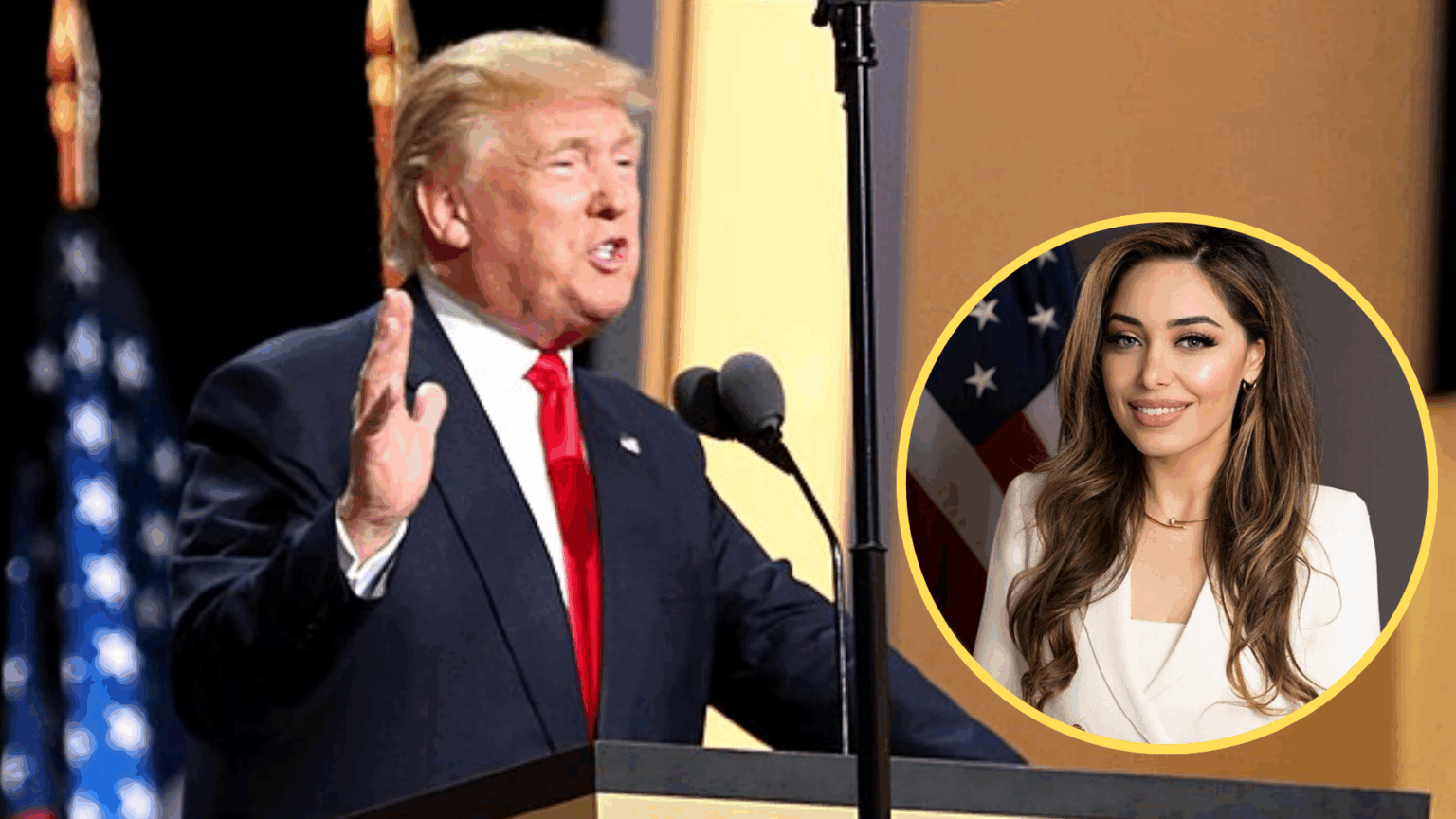 Donald Trump in a suit speaking at a podium with a circular inset showing a woman smiling in front of an American flag.