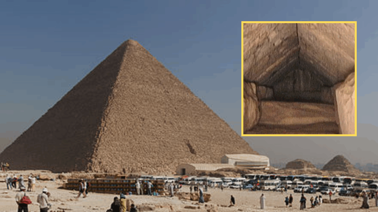 View of the Great Pyramid of Giza with tourists at the base and an inset showing the interior chamber ceiling.