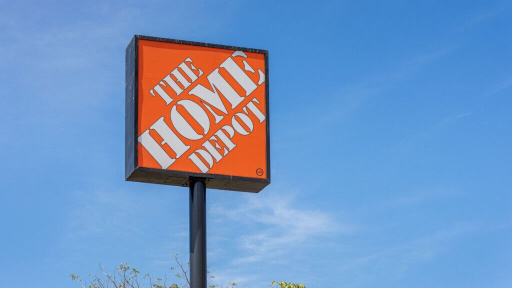 Home Depot store exterior with large orange signage displayed above the entrance