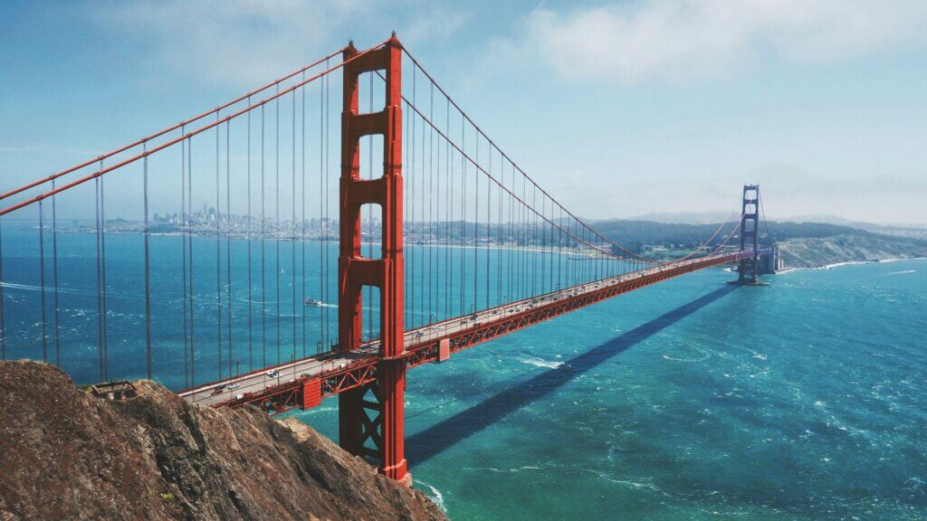 Golden Gate Bridge spanning San Francisco Bay under clear daylight