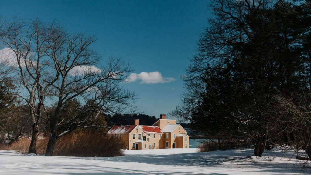 Snow-covered city street with parked cars and buildings during a winter day.