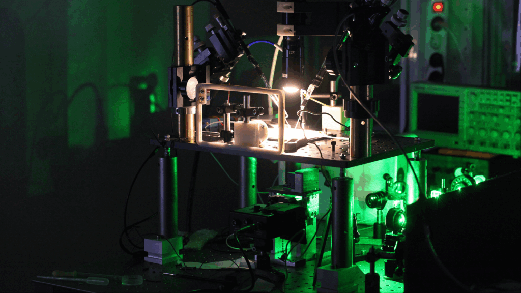 Scientific equipment in a lab with green lighting.