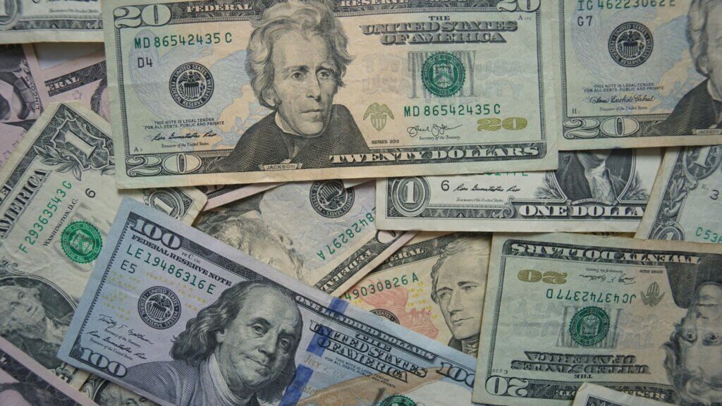 Close-up of a twenty dollar US bill placed on a flat surface