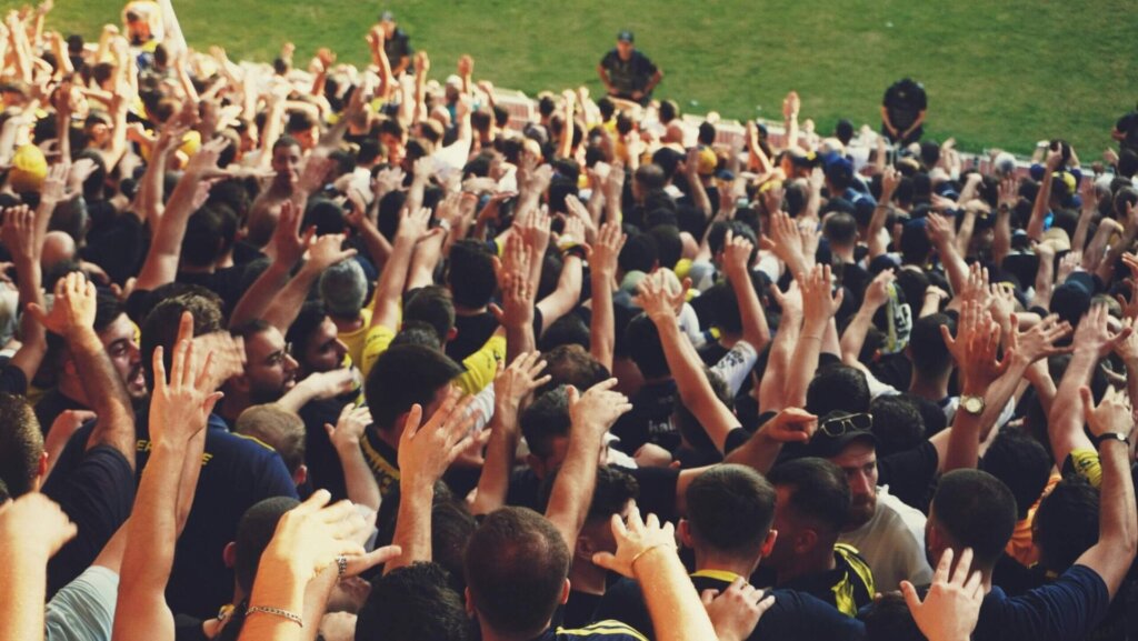 Vibrant crowd cheering and celebrating at an outdoor stadium event with raised hands and energy.
