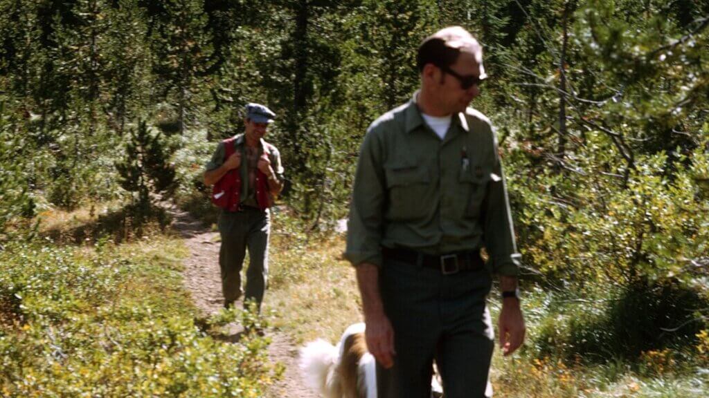 Two people hike along a forest trail, one walking a dog, surrounded by trees.