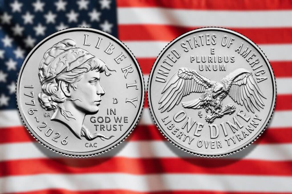 Emerging Liberty Dime, back and front, one of the commemorative coin for USA's 250th birthday