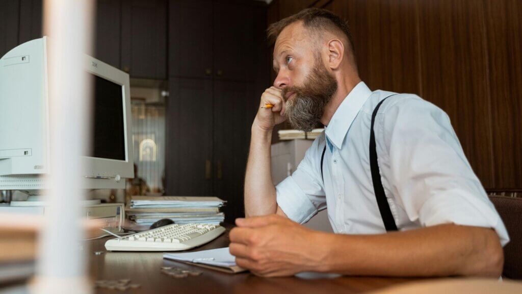 A man sitting and staring at his computer