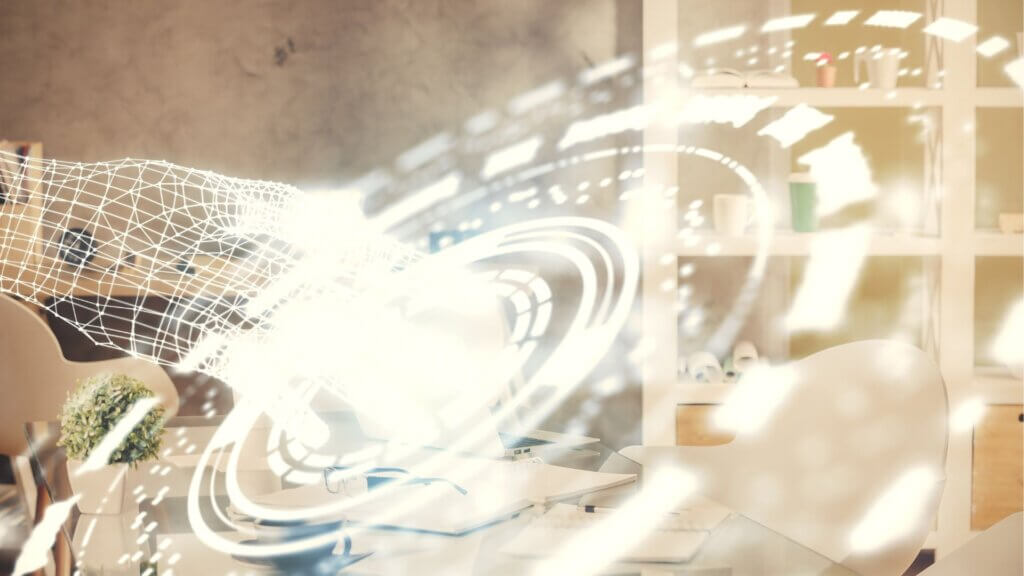 Double exposure of data theme drawing and office interior background