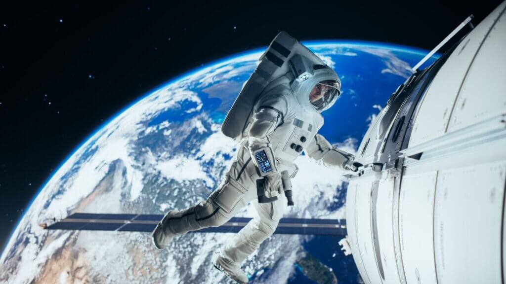 An depiction of an astronaut floating in space