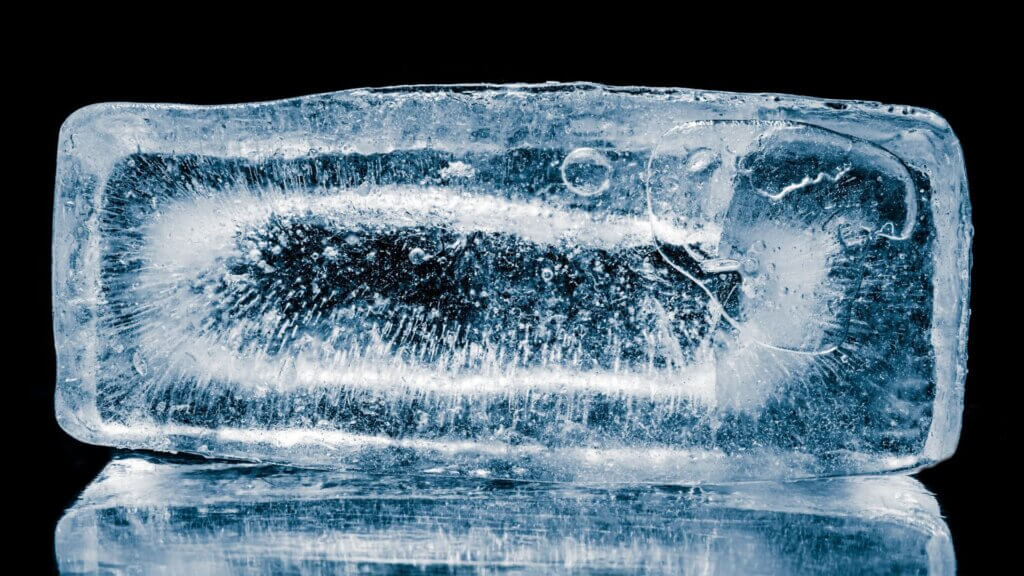 A close-up of an ice cube