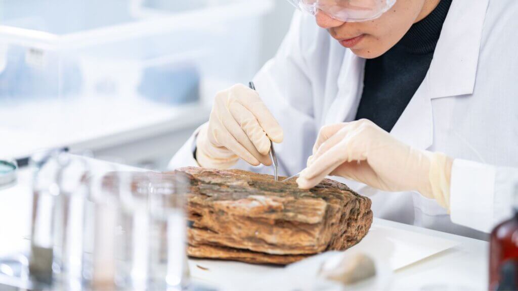 Stock photo of a female geologist or archaeologist working with a rock or mineral sample