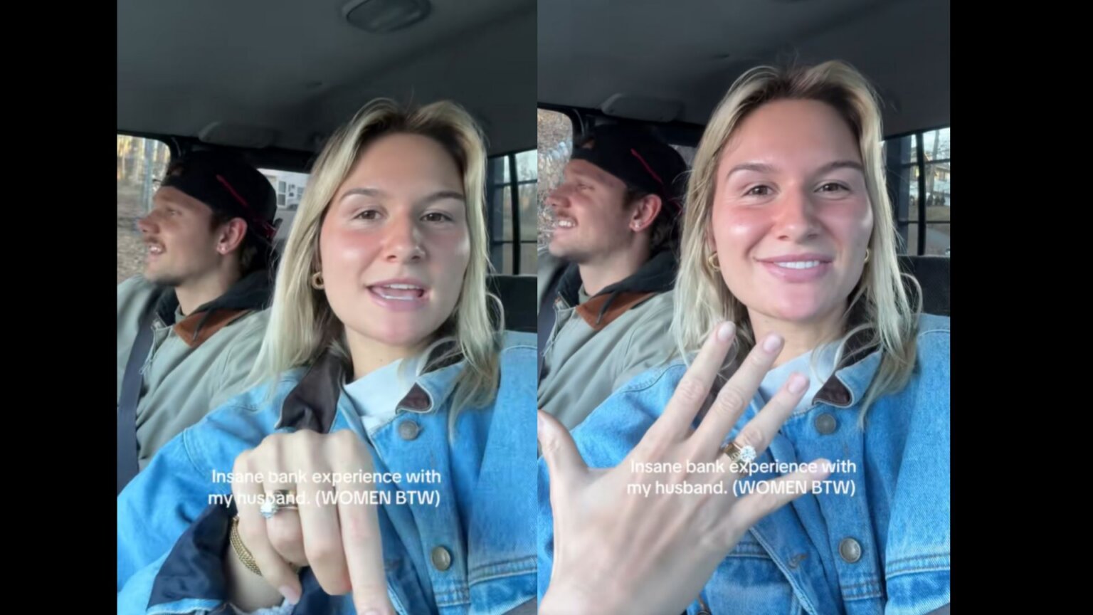 A screenshot of Zo Goulet's video with her and her husband in a car as she talks about her experience at the bank, it is captioned with "Insane bank experience with my husband (WOMEN BTW)"
