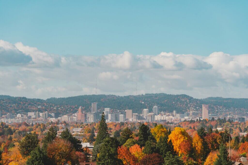 City view of Portland, OR in fall