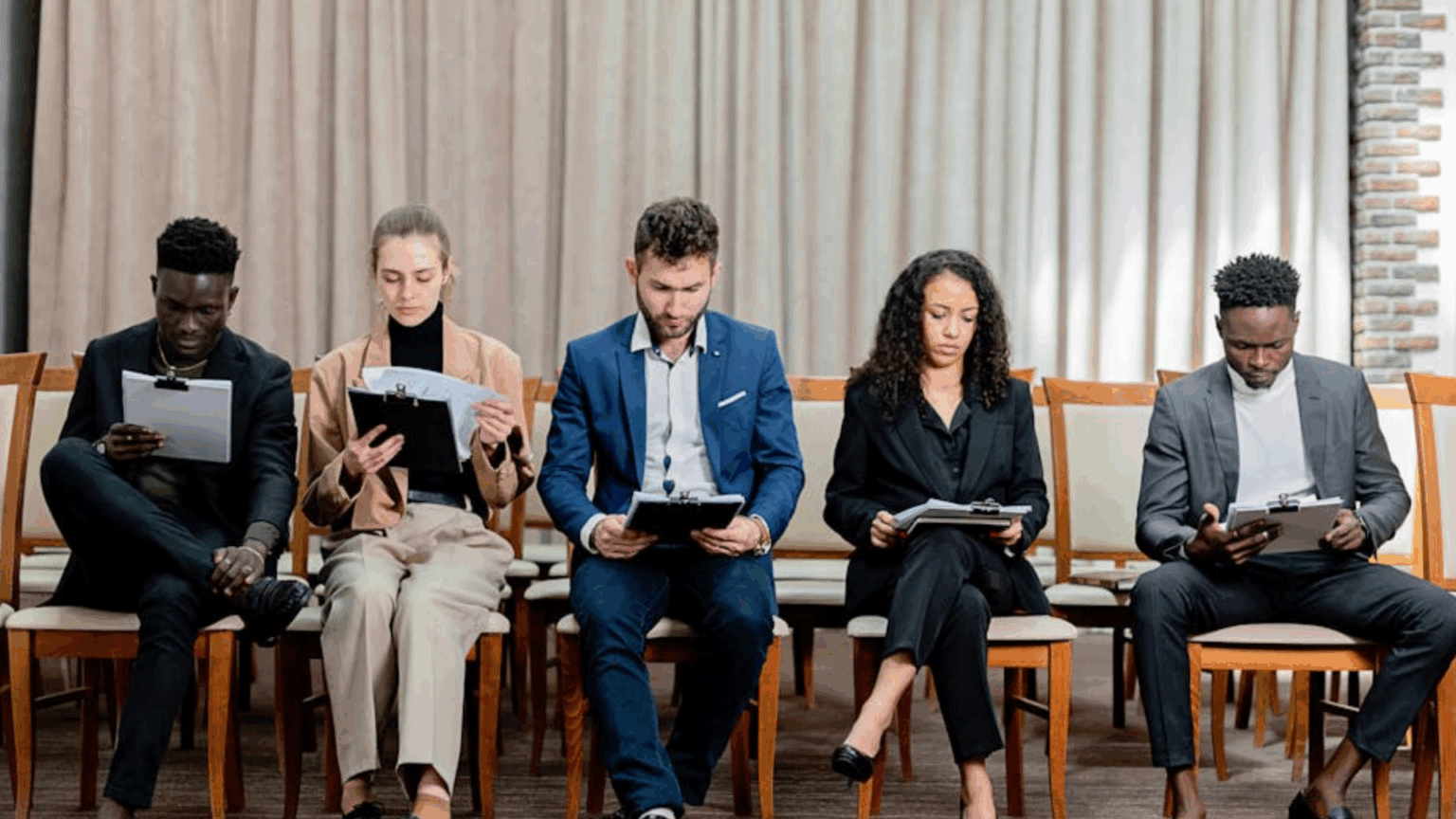 People sit in a room and a job interview waiting room.