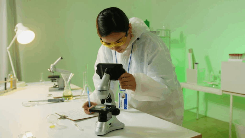 Scientist looking at lab sample on a microscope