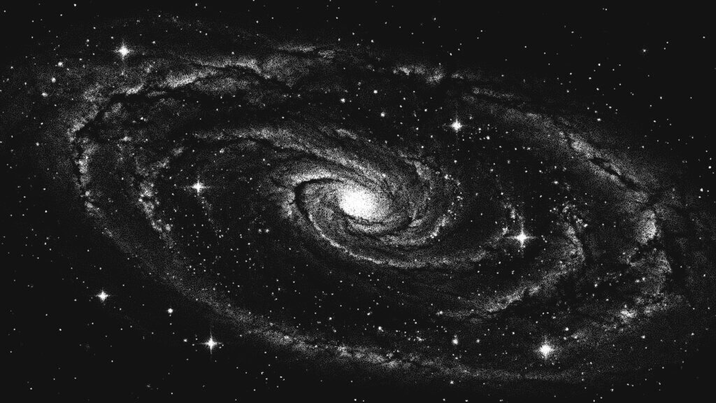 Deep space scene background in stippling style with amazing huge glowing spiral galaxy and stars. Milky Way galaxy. Retro styled dotwork. Pointillism. Noisy grainy dot shading. Vector illustration