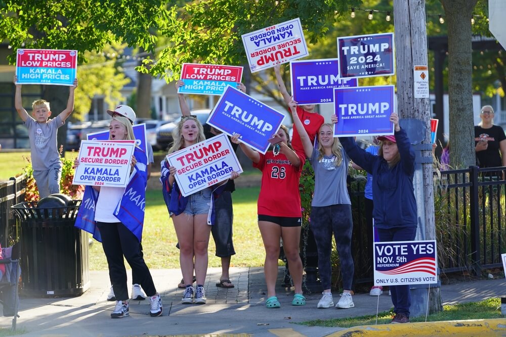 Donald Trump supporters gathered in Ripon, Wisconsin to protest Kamala Harris campaign visit stop on October 2024