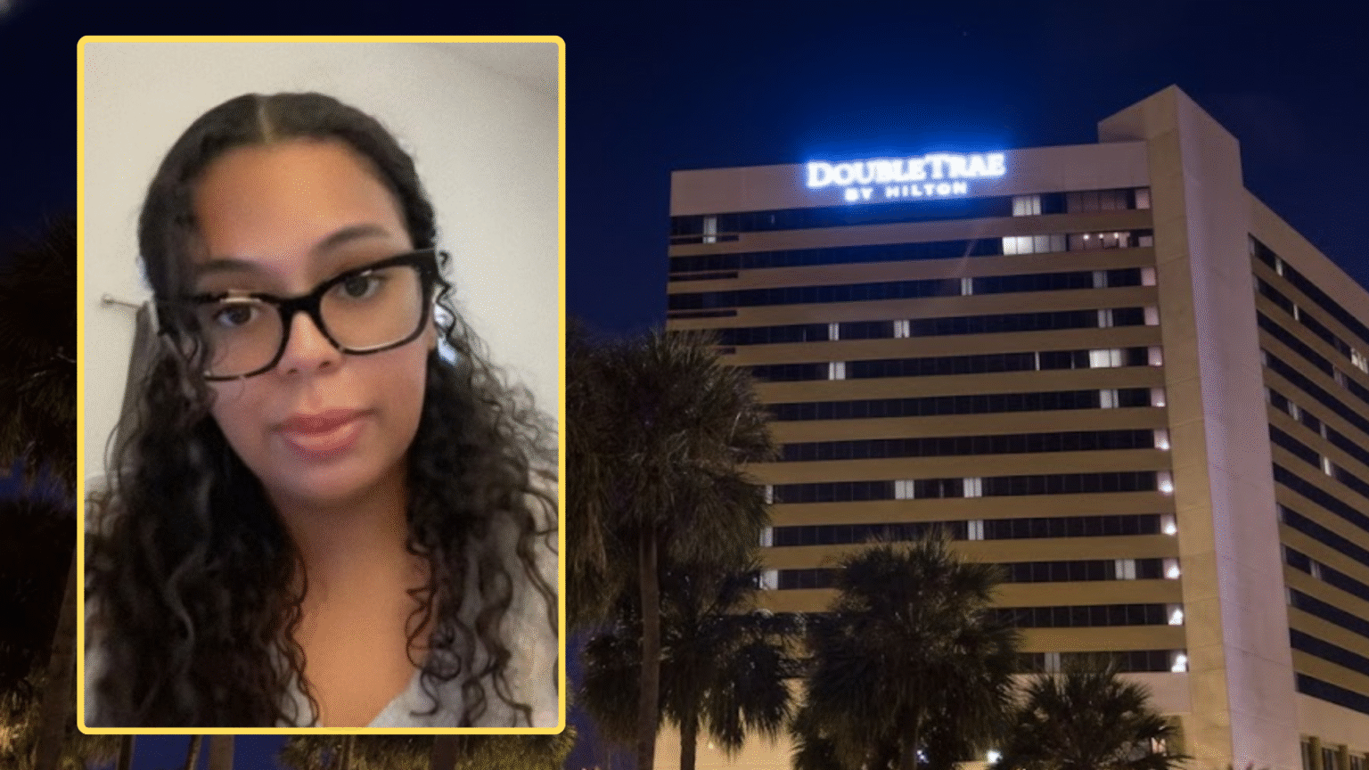 A person with glasses overlaid on a photo of a DoubleTree by Hilton hotel at night.