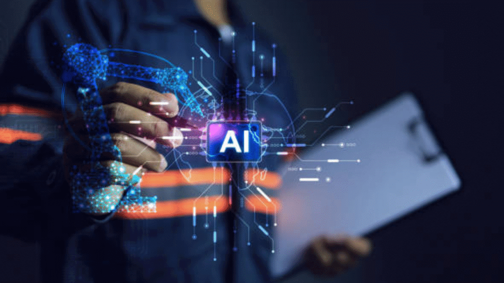 Businessperson holding a tablet with a digital AI interface and circuit graphics overlay.