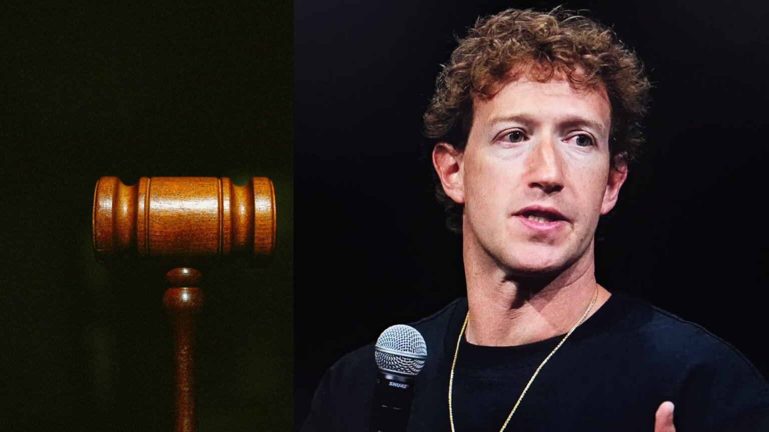 Wooden judge’s gavel on a desk beside a photo of Meta CEO Mark Zuckerberg
