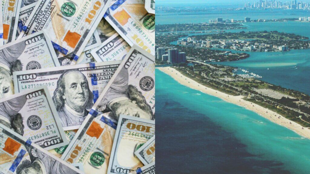 Aerial view of a Florida city skyline paired with a close up of a 100 US dollar bill