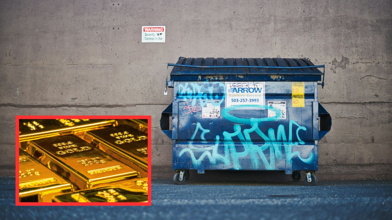 Gold bars placed beside a dumpster against a wall.