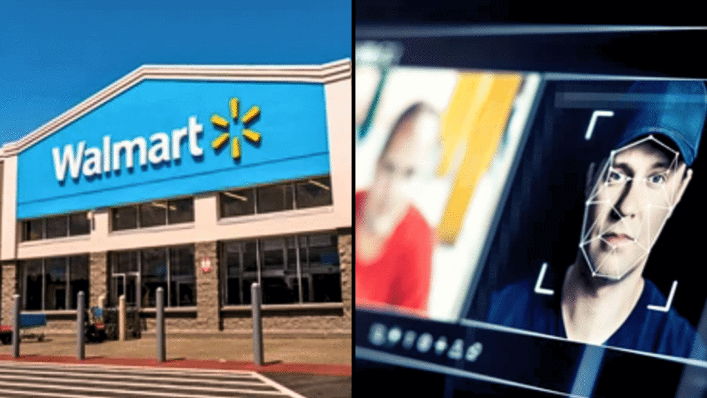 Split image of a Walmart store and a facial recognition screen.