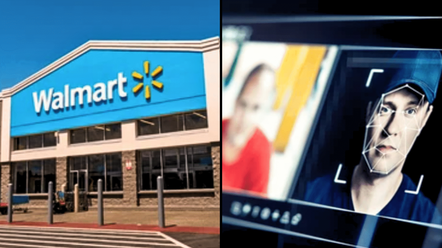 Split image of a Walmart store and a facial recognition screen.
