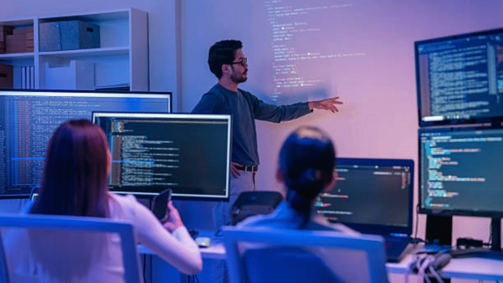 Software developer pointing at code projected on a wall in an office meeting.