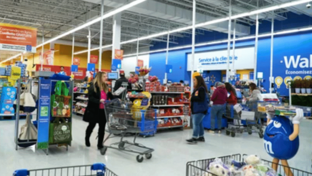 Shoppers inside a Walmart store at checkout lines.